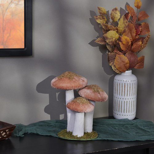 Primitives by Kathy Mushroom Trio Sitter, pink foam mushrooms uniquely detailed/velvet glitter accents/natural foliage detail base/nature themed home accent for seasonal/everyday/garden decor/gfitable