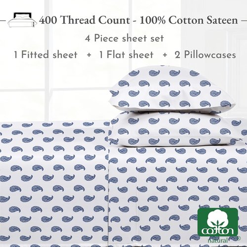 California Design Den Full Size Bed Sheets Set - 400 Thread Count Sateen, Deep Pocket, 100% Cotton - Paisley Blue