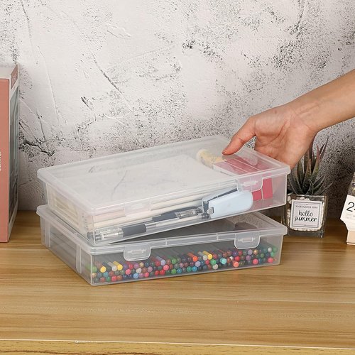 BTSKY Clear Plastic Storage Box - Multipurpose Craft Organizer with Flap Lid | 2 Pack Medium