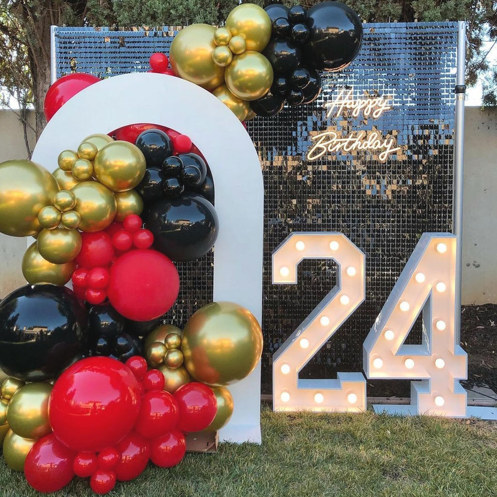 PTGOLUO 153Pcs Red and Black Gold Balloons Garland Arch Kit with Stars - 22 18 12 10 5 inch Different Latex Balloons for Anniversary Casino Night Hollywood New Years Movie Night Prom Party Decorations