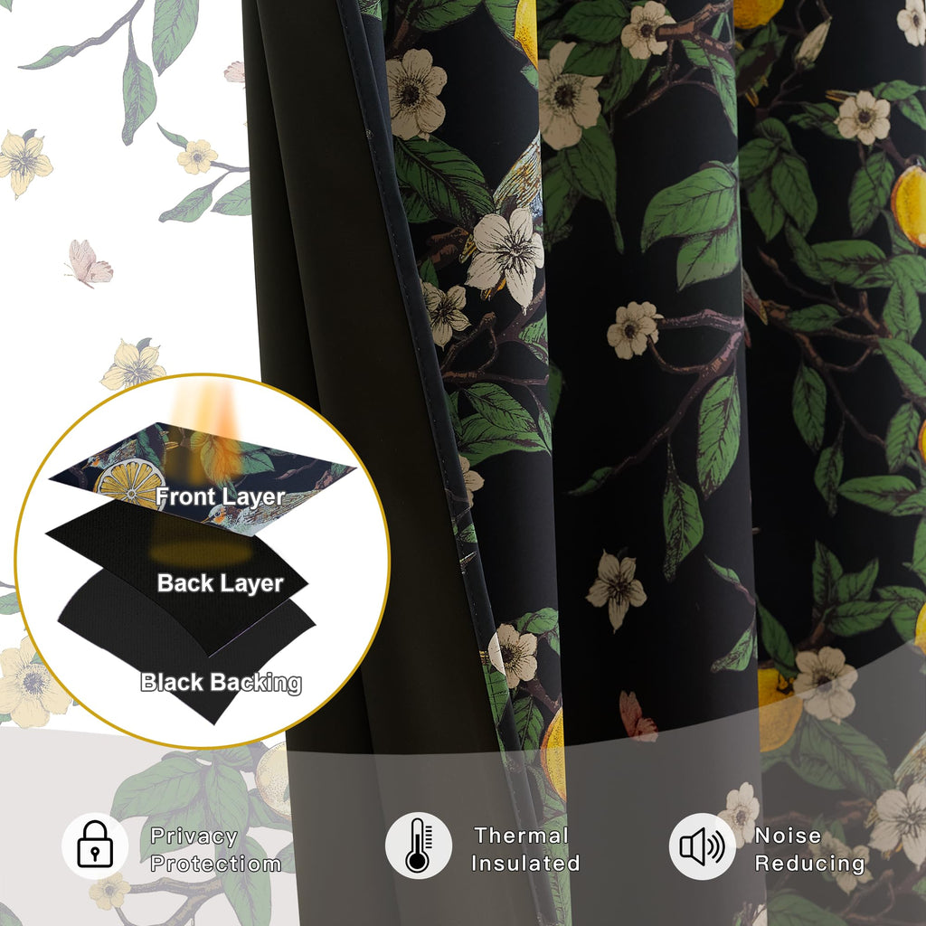 NICETOWN 100% Blackout Floral Curtains for Bedroom, W52 x L84 2 Panels, Hummingbird Lemon Botanical Print Design Thermal Insulated Privacy Drapes, Black Out Curtains for Living Room, Farmhouse