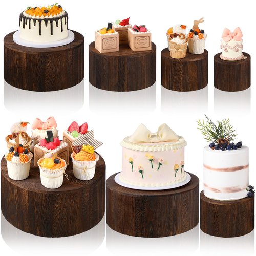 Domensi 6 Pcs Wood Display Risers Cupcake Stand Brown Rustic Wood Cake Stands Wooden Stackable Display Box for Dessert Wedding Birthday Baby Shower Christmas Village Party Decoration