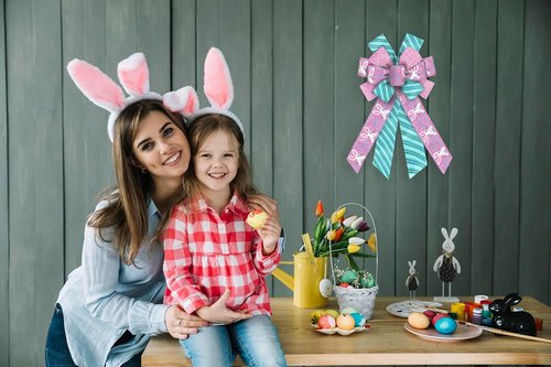 Hying Large Easter Bunny Bows - Glitter Pink & Blue Burlap Wreath Decor | Spring Holiday Tree Topper
