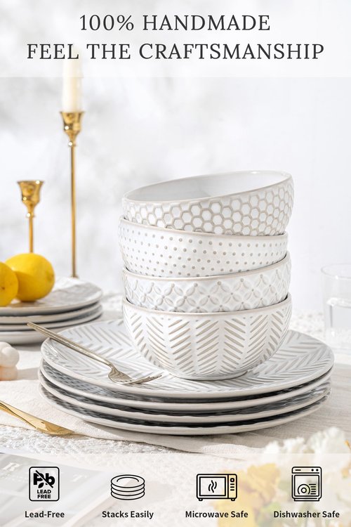 FOBENTA 12 Piece Embossed Dinnerware Sets for 4, Elegant Plates and Bowls Sets, Microwave & Dishwasher Safe, Stoneware for Stylish Home Dining–Perfect Housewarming Gift for Busy Families & Hostesses