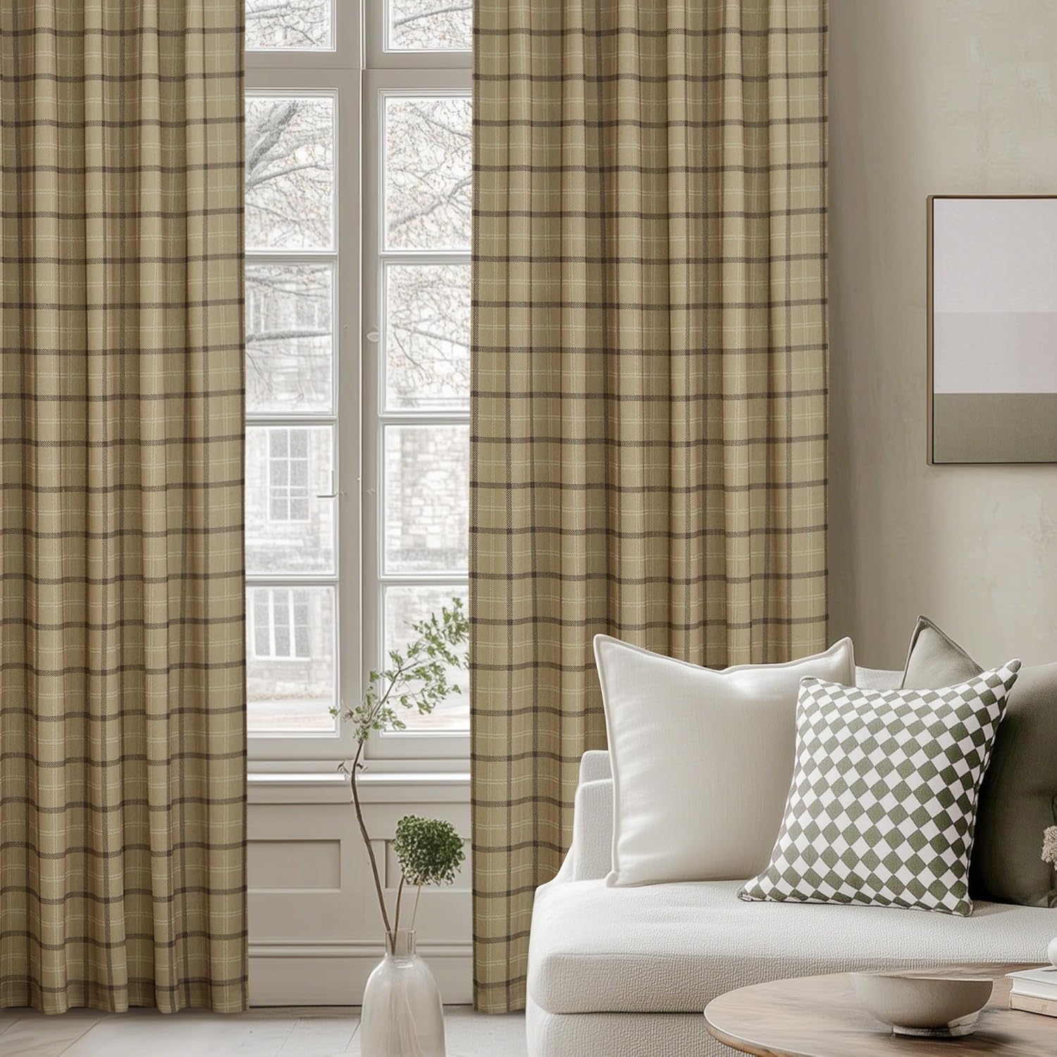 NICETOWN Linen Plaid Curtains - 84-Inch Light Filtering Privacy Shade | Semi-Sheer Grid Pattern, 1 Pair, 52W x 84L
