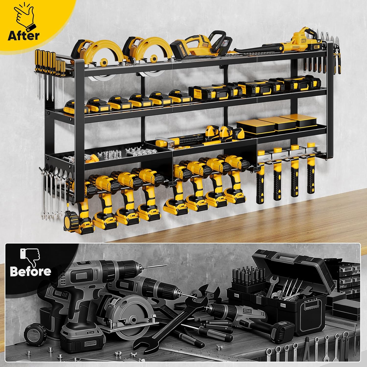 POKIPO 49" W Heavy-Duty Power Tool Organizer - Wall Mount Storage Rack for 12 Cordless Drills | 800 lbs Capacity