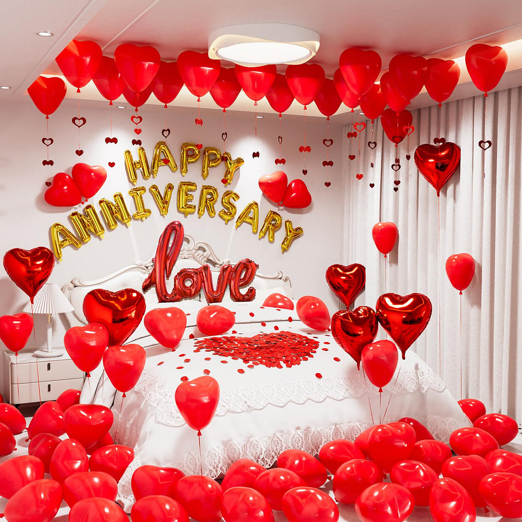 Adeyoo Anniversary Balloons Decorations,Happy Anniversary Banner,Red Heart Shaped Balloons,Large Love Balloon,Rose Petals,Latex Balloon for Romantic Nigh Valentines Day Party Supplies