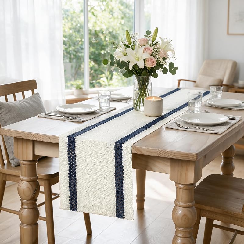 Artoid Mode Dark Blue Stripe Woven Rustic Table Runner 12x60 Inches - Variation: Dark Blue+12x60