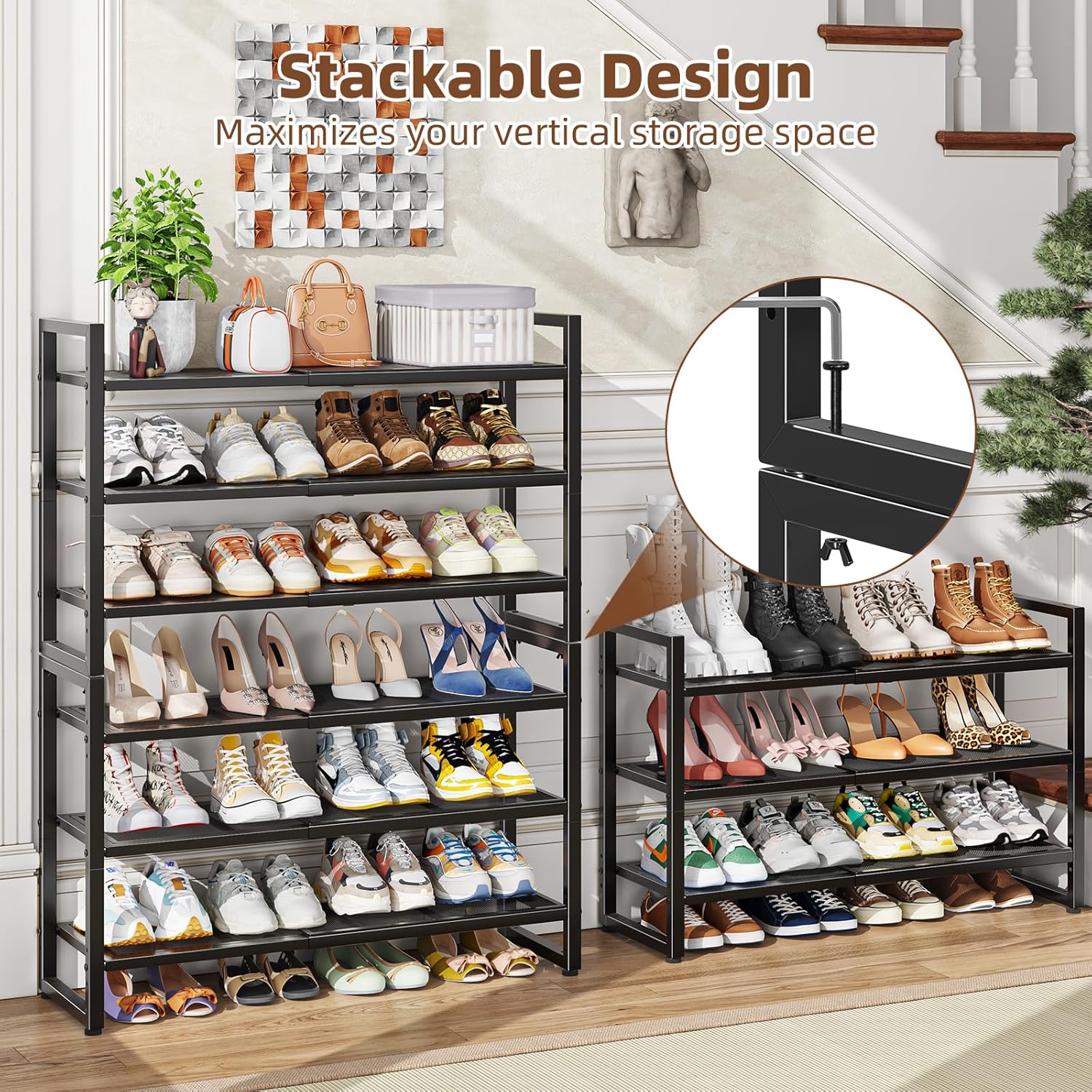 Skiennix 3-Tier Expandable Shoe Rack - Adjustable & Stackable Metal Mesh Organizer | Black