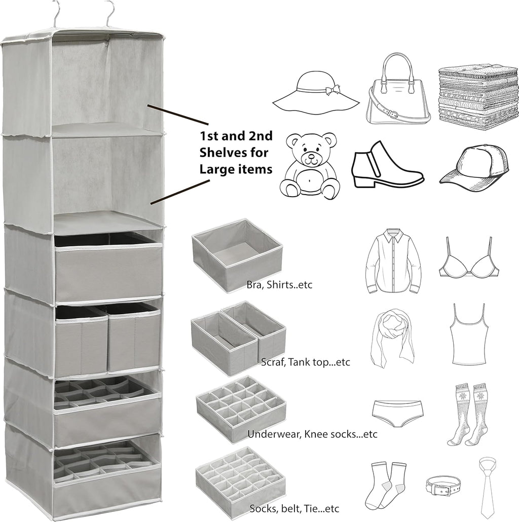 Simple Houseware 6-Shelf Hanging Closet Organizer - Gray with 5 Storage Drawers
