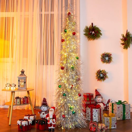 BrilliantJo 6ft Artificial Christmas Tree - Lighted & Ornamented | Collapsible Silver Tinsel Design