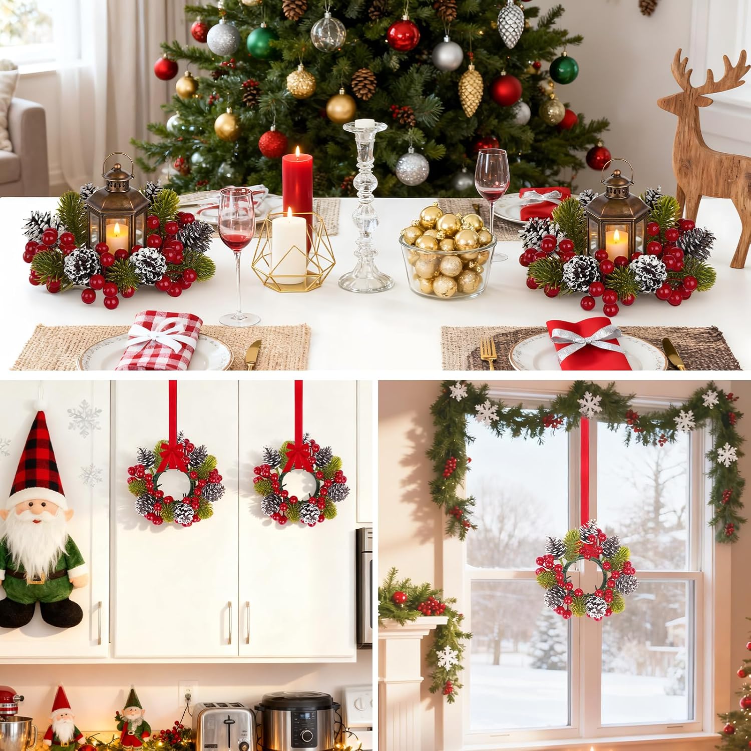 Skiennix Christmas Candle Rings - 6Pcs Artificial Pine Cones & Red Berries for Pillar Holders | Festive Table Centerpiece