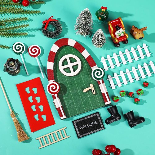 Gerrii Miniature Green Christmas Elf Fairy Door Kit - 25 Pcs Enchanted Decor for Dollhouses & Rooms