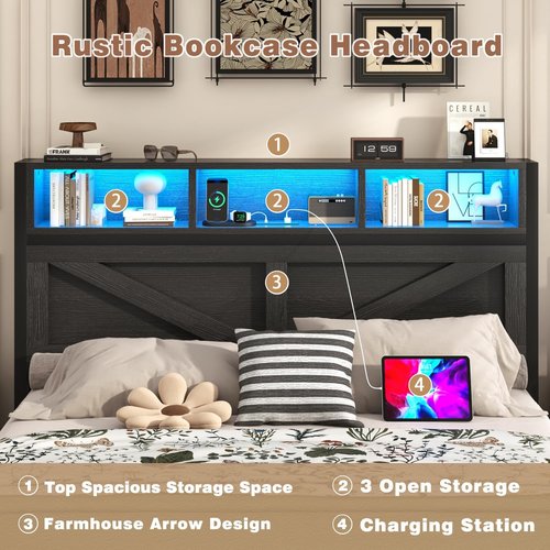 Incyneva Queen Bed Frame - Farmhouse Style with Bookcase Headboard, Charging Station & LED Light, Black