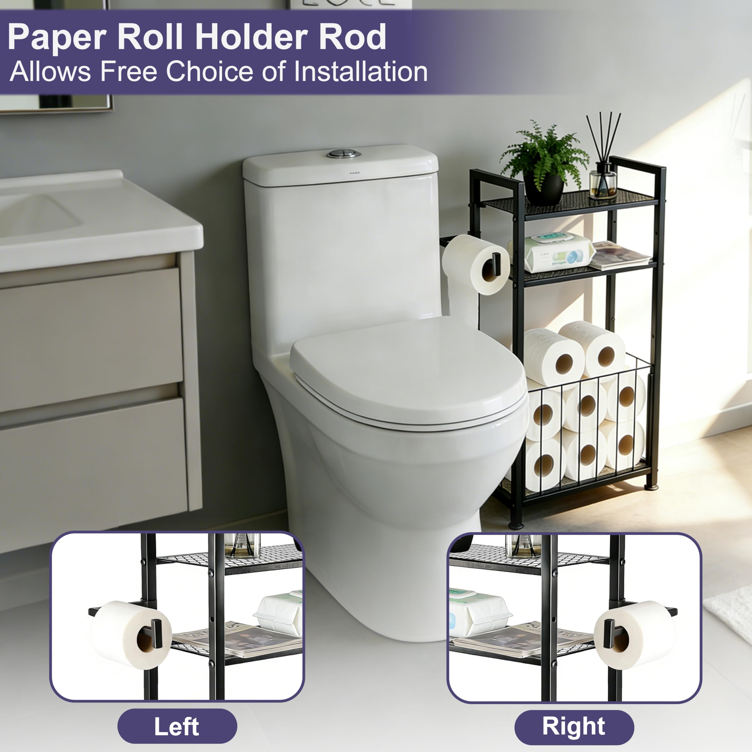 Free Standing Toilet Paper Holder with Shelf, Adjustable Feet Bathroom Toilet Paper Holder Stand for Narrow Space, Roll Dispenser Tissue Holder, Holds Multiple Rolls and Keeps Paper Dry and Clean