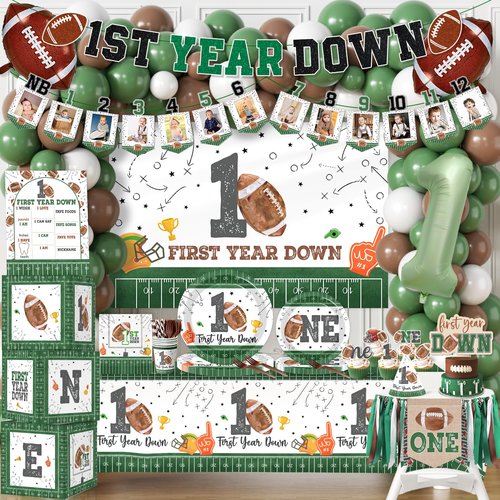 First Year Down Birthday Party Decorations, All-in-1 Football First Birthday Decorations with Balloon Arch Kit Photo Banner Highchair Banner One Boxes Plates Napkins Cake Toppers Tablecloths Backdrop