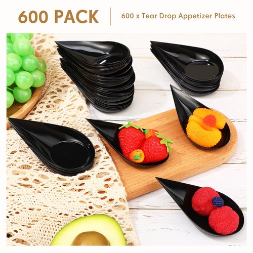 Gandeer 600 Pcs 4 Inch Plastic Appetizer Spoons Tasting Disposable Mini Appetizer Plates Tear Drop Serving Dessert Teardrop Asian Spoon for Party Dessert Dishes Catering (Black)