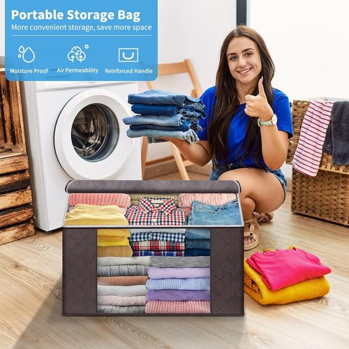 Budding Joy Foldable Large Blanket Storage Bags - 60L Capacity, Enhanced Handles, 6-Pack | Brown