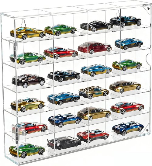 JUESHA Acrylic Display Case - 6-Level Hot Wheels Storage for 1/64 Scale Cars | Clear Wall-Mount Organizer