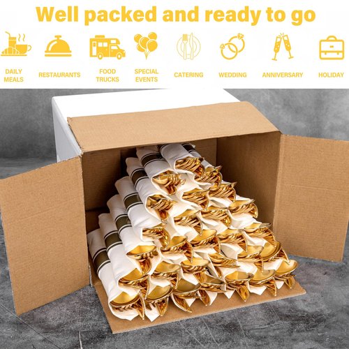 SUT 50 Pack Pre Rolled Silverware Set Disposable, 200pcs Gold Plastic Utensils Include 50 Forks, 50 Knives, 50 Spoons and 50 Napkins, Wrapped Plastic Cutlery Set With Napkin for Wedding