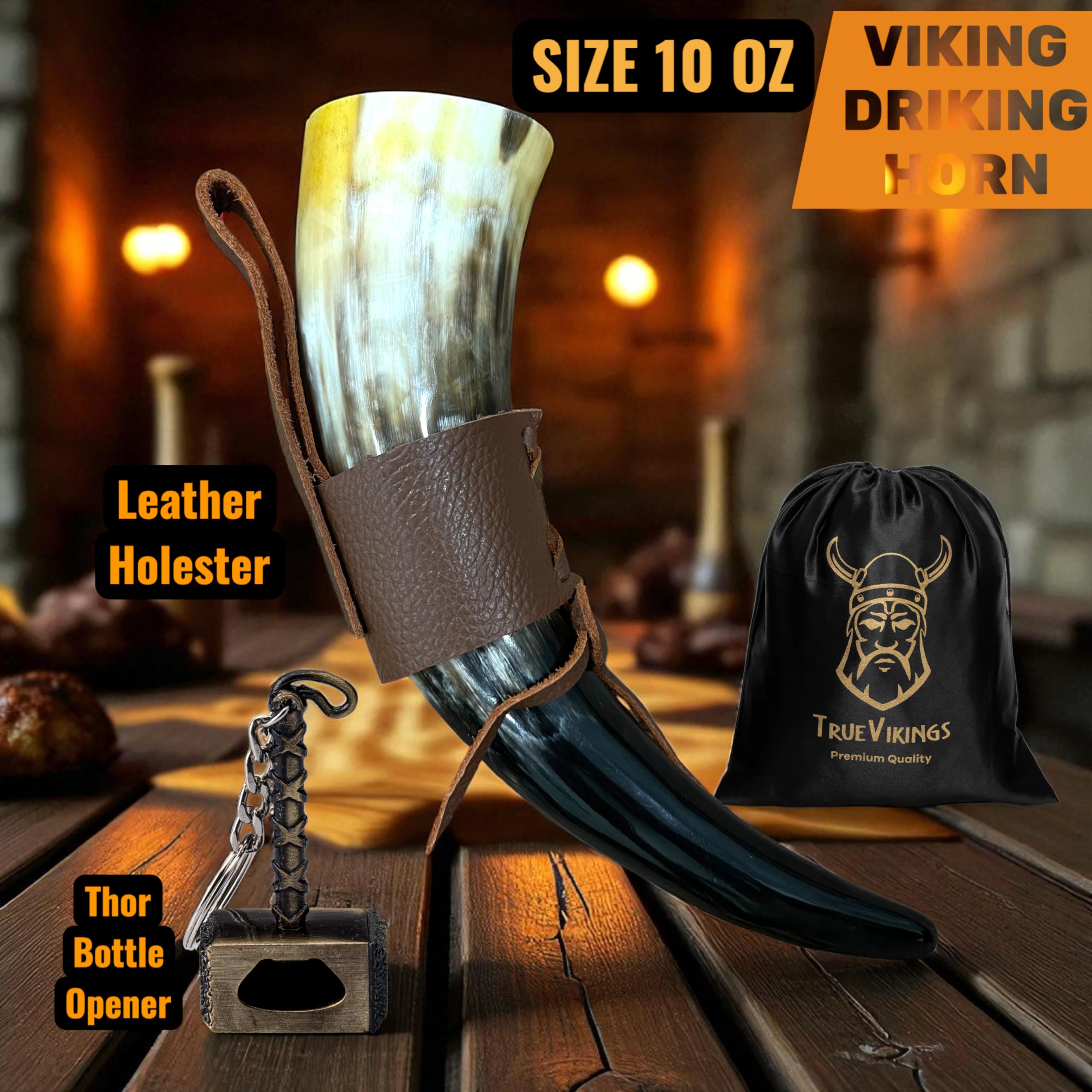 Drinking Horn — 10-12 Inch Viking Gifts for Men & Women | With Thor Bottle Opener & Stand | Handmade & Real Ox Horns | Norse Viking Cup Perfect For Beer, Ale, Mead (12 Oz) (Natural Polished)