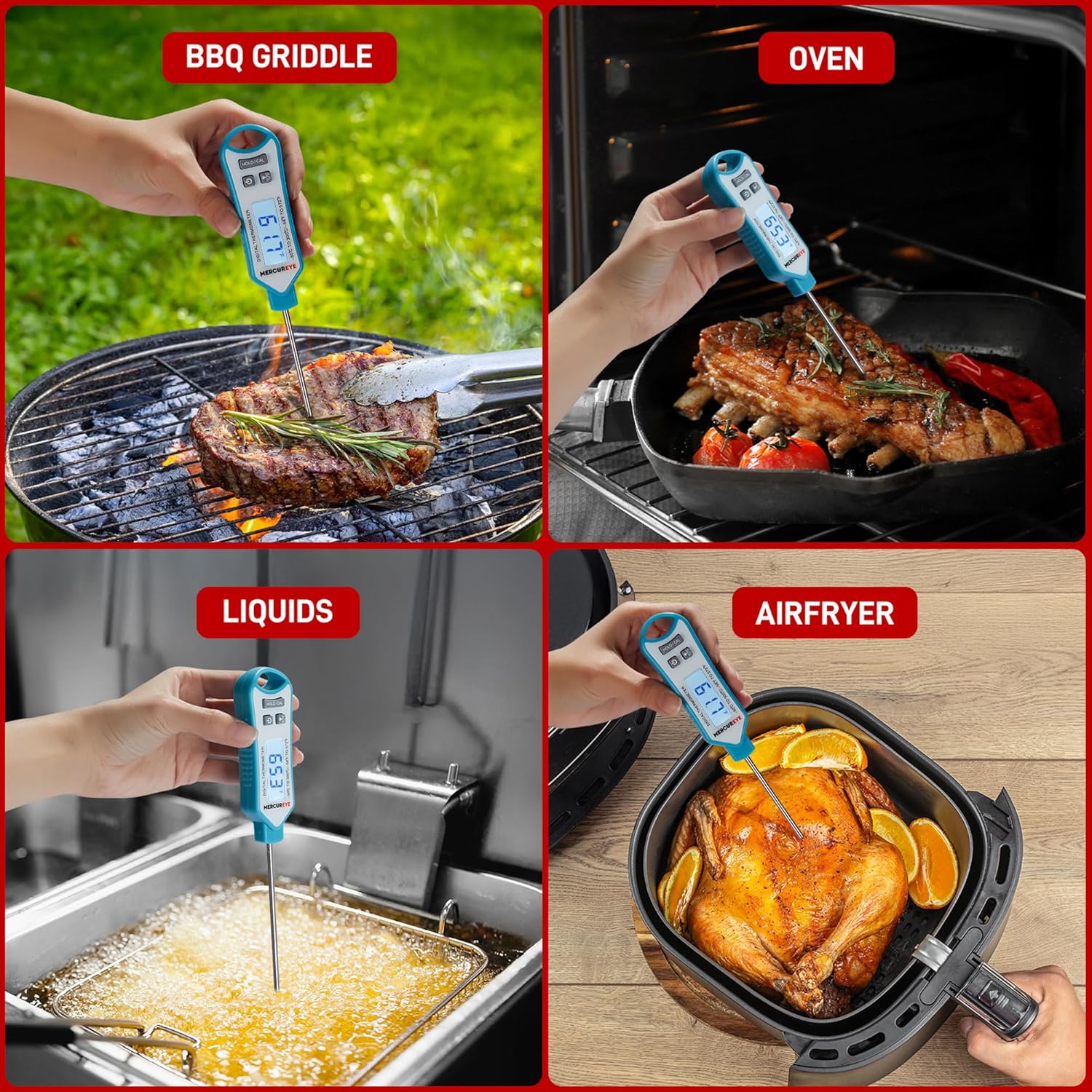 Meat Thermometer Digital - Instant Read Waterproof Kitchen Thermometer with Nonslip Grip | Perfect for Cooking, Candy, and Grilling