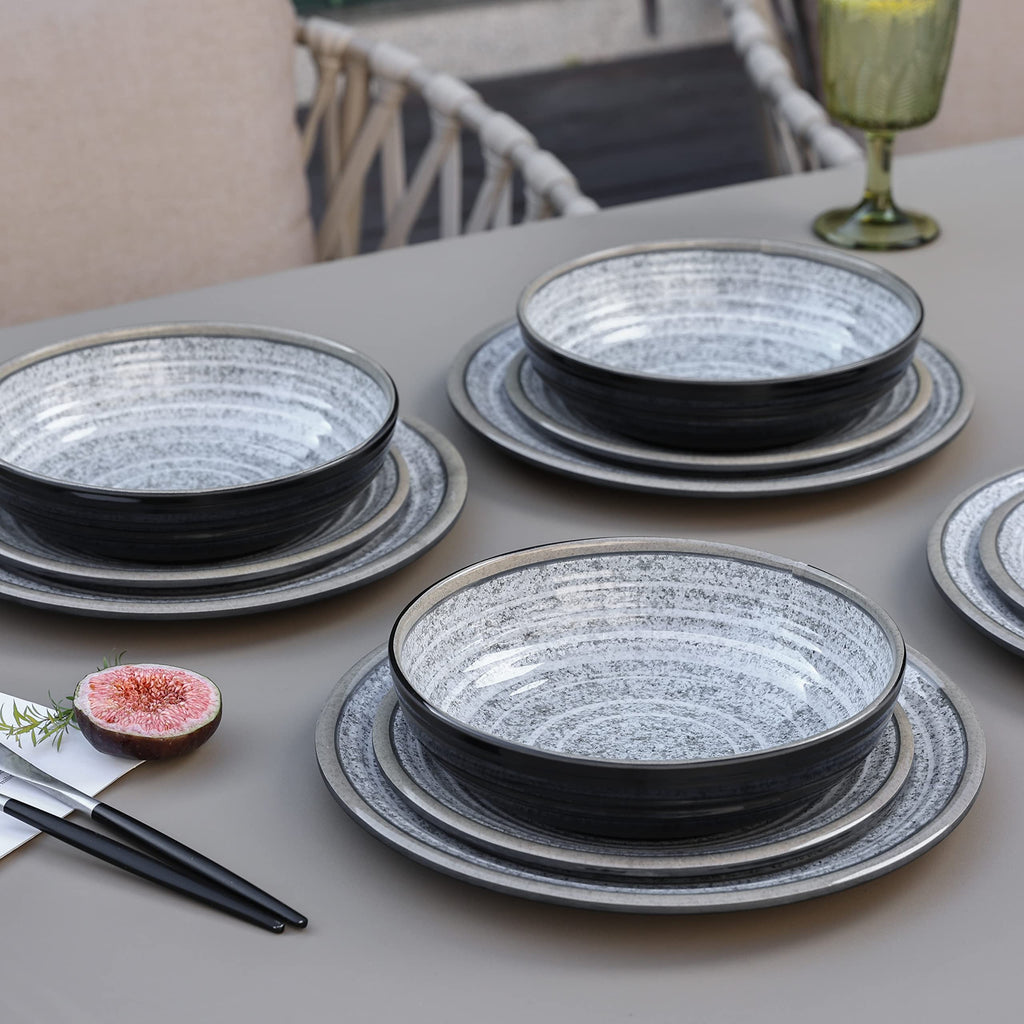 Melamine Dinnerware Sets 12 PCS - Service for 4 Plates & Bowls Sets Dishwasher Top-Shelf Safe, BPA Free Dinner Dishes Set for Everyday Use-Granite Pattern Black Back
