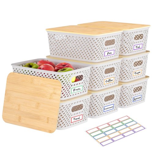 Anysig 8 Packs Plastic Storage Bins with Bamboo Lids - Stackable Storage Bins Decorative Small Basket Containers for Organizing Shelves Office Classroom Desktop Closet, Cream White