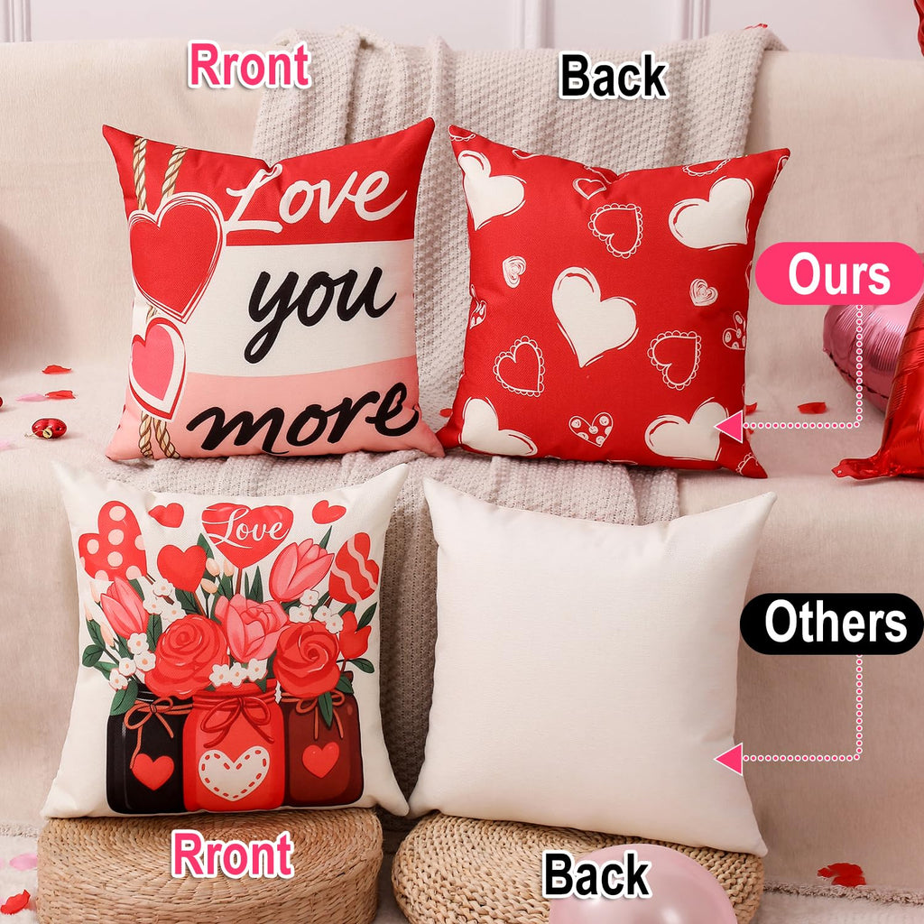 multiwins Valentine Decorations Set of 4 Double-Sided Valentine's Day Throw Pillow Covers 18" x 18", Reversible 8 Designs, with 16 pcs Heart & Love Balloons, Stickers, Complete Valentines Decor Kit