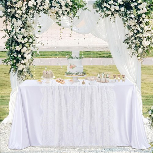 Fanqisi 5 Pieces White Lace Tablecloth 60x120 Inches Classic Wedding Lace Tablecloths Overlay Party Table Cover for Bridal Shower Reception Table Decoration
