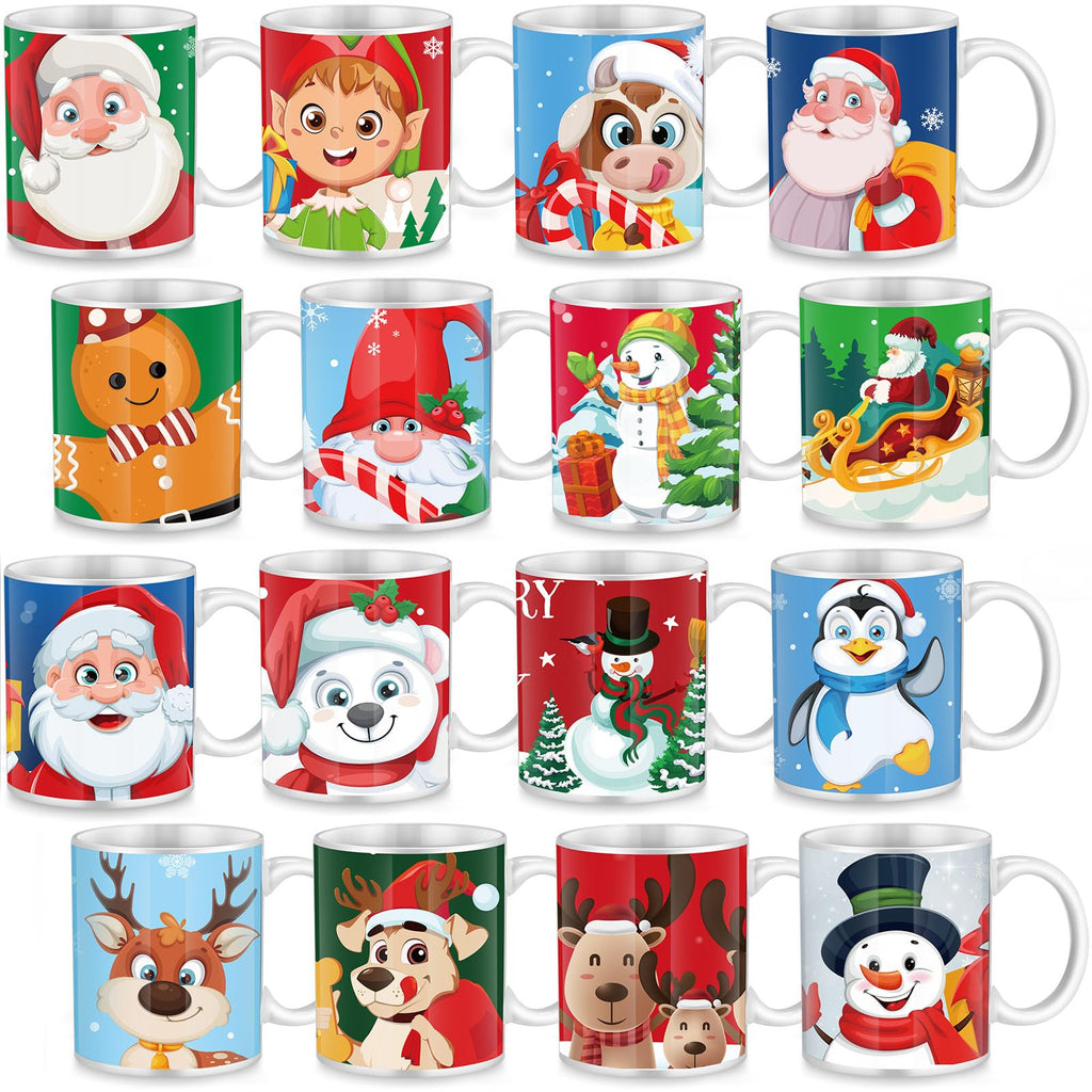 Tioncy Set of 16 Christmas Coffee Mugs Bulk 11 oz Holiday Ceramic Mugs Set with Handles Santa Xmas Tree Snowman Ceramic Coffee for Women Men Christmas Gifts Hot Tea Coffee