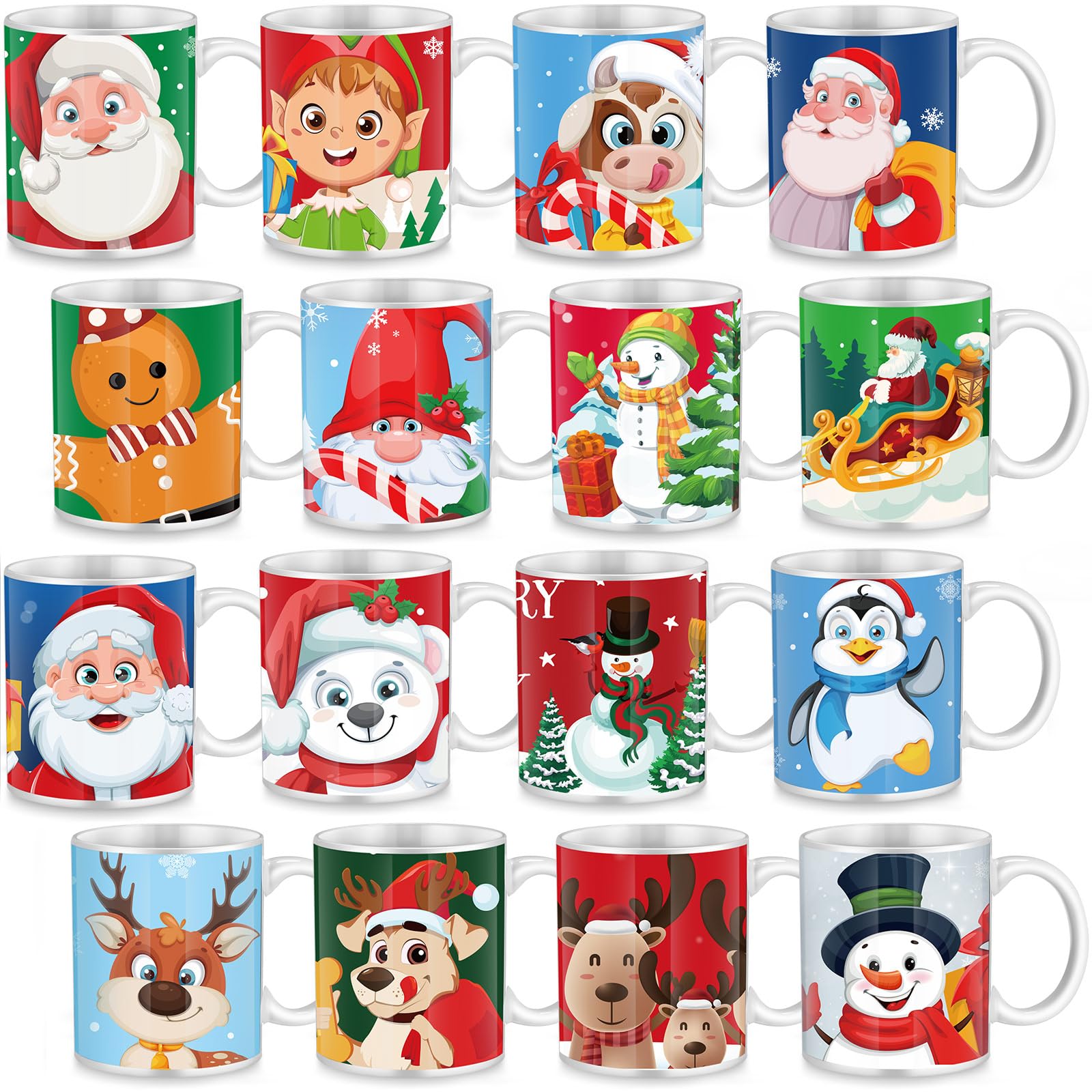 Tioncy Set of 16 Christmas Coffee Mugs Bulk 11 oz Holiday Ceramic Mugs Set with Handles Santa Xmas Tree Snowman Ceramic Coffee for Women Men Christmas Gifts Hot Tea Coffee