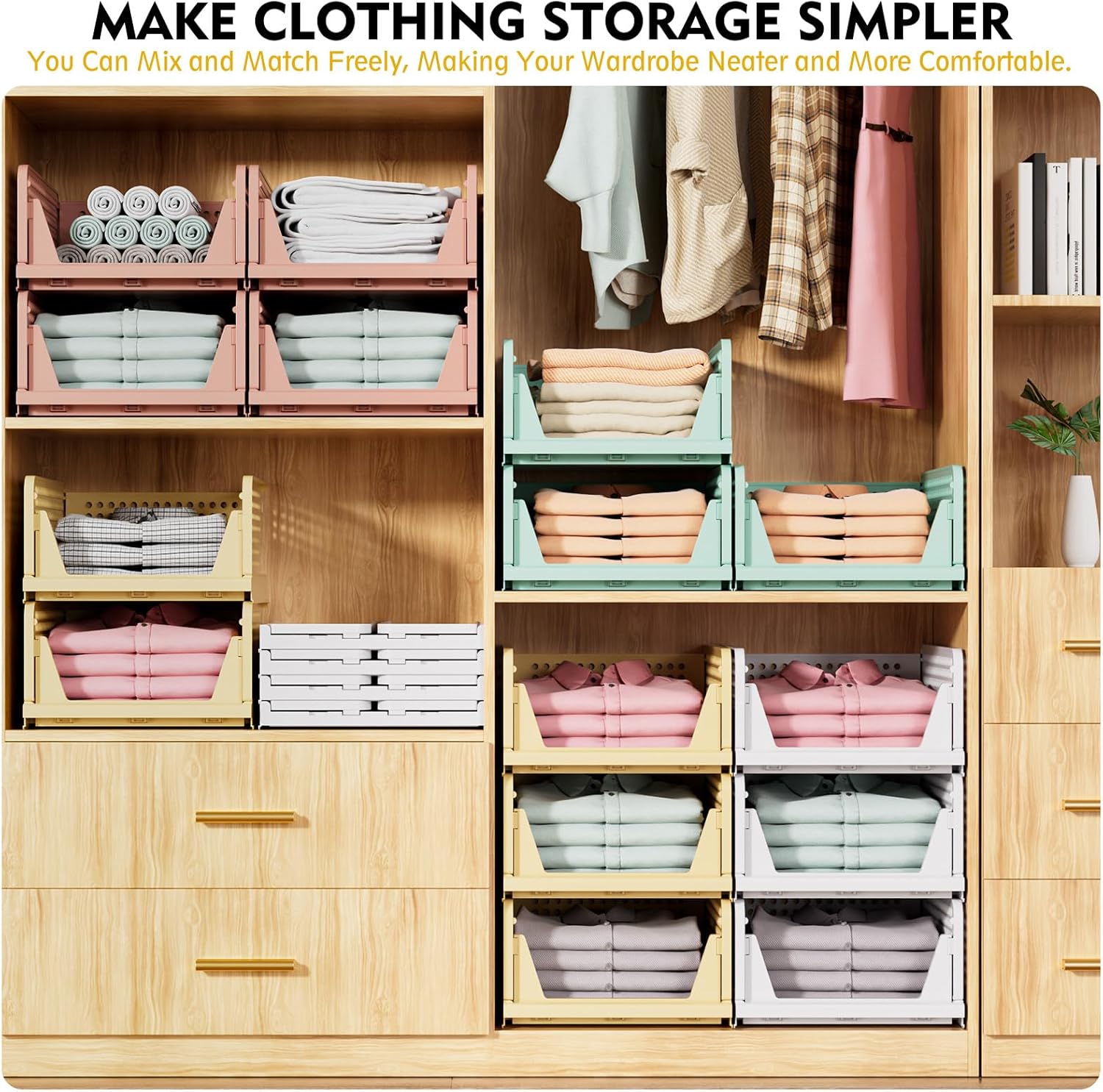 SNSLXH Stackable Closet Organizer Box - Multifunctional & Foldable Storage Basket for Home | Green, 5-Pack