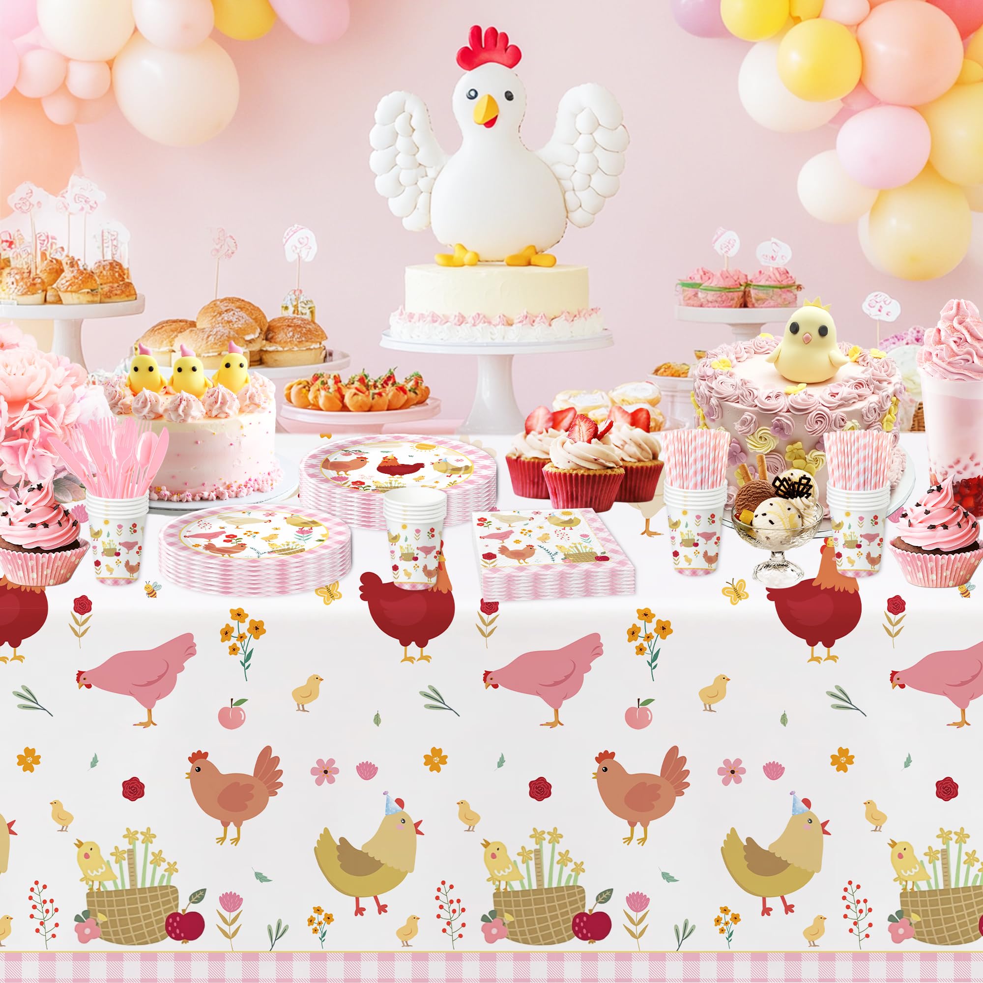 Suhelkit Chicken Party Decorations Tablecloth for Birthday Baby Shower, 3 Pack Farm Animal Barnyard Little Chick Birthday Party Supplies Table Cover, 55in x 86in