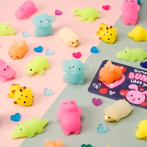 JOYIN 36 Packs Valentine‘s Day Gift Cards with Glow in Dark Mochi Squishy Toys, 9 Designs Stress Relief Fidget Toys, Glowing Squeeze Toy for Kids Valentine's Party Favors and Classroom Exchange