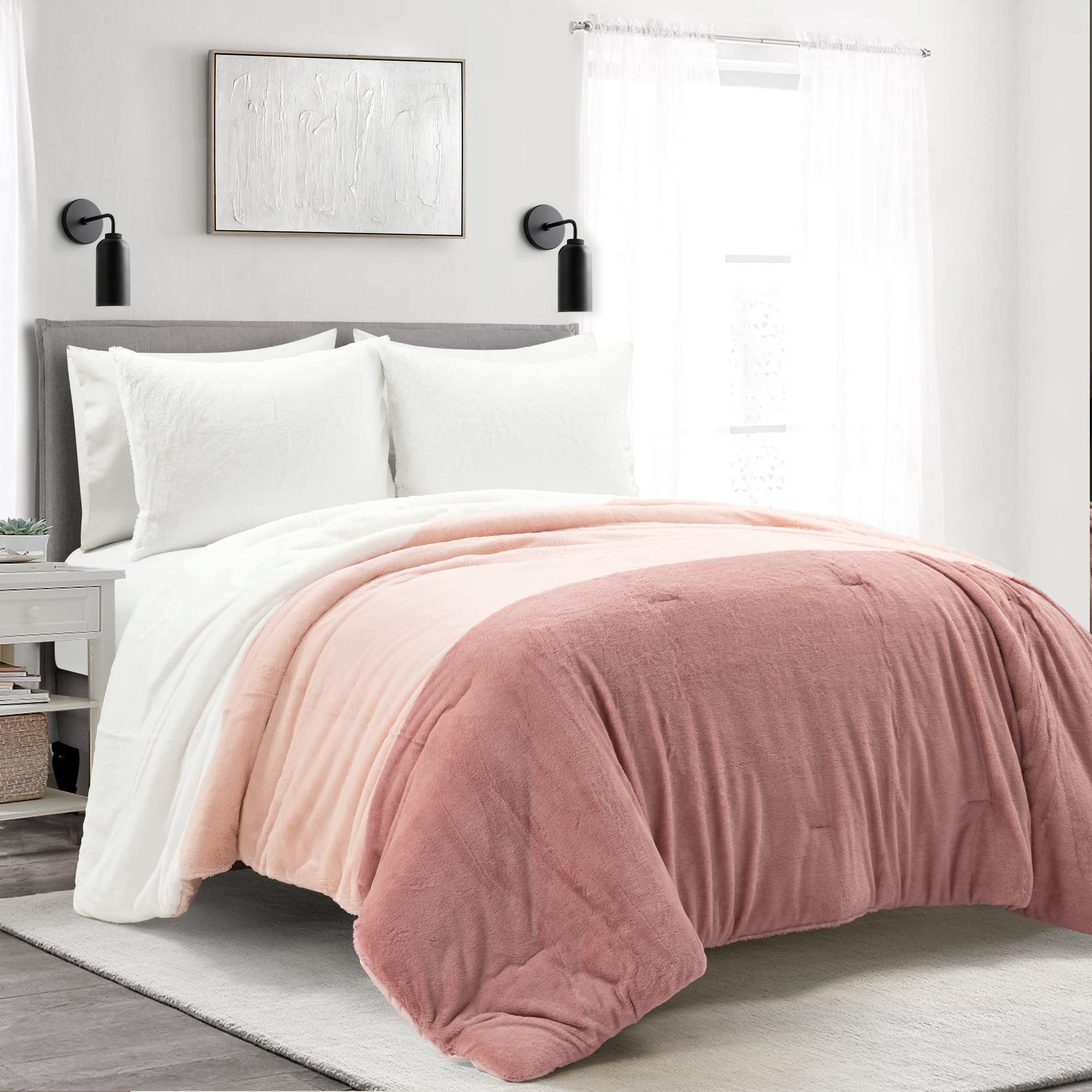 Lush Decor Farmhouse Color Block Soft Fluffy Faux Fur All Season Kids Comforter Set, Full/Queen, Dusty Rose - Cute Plush 3 Piece Pink Bedding Set