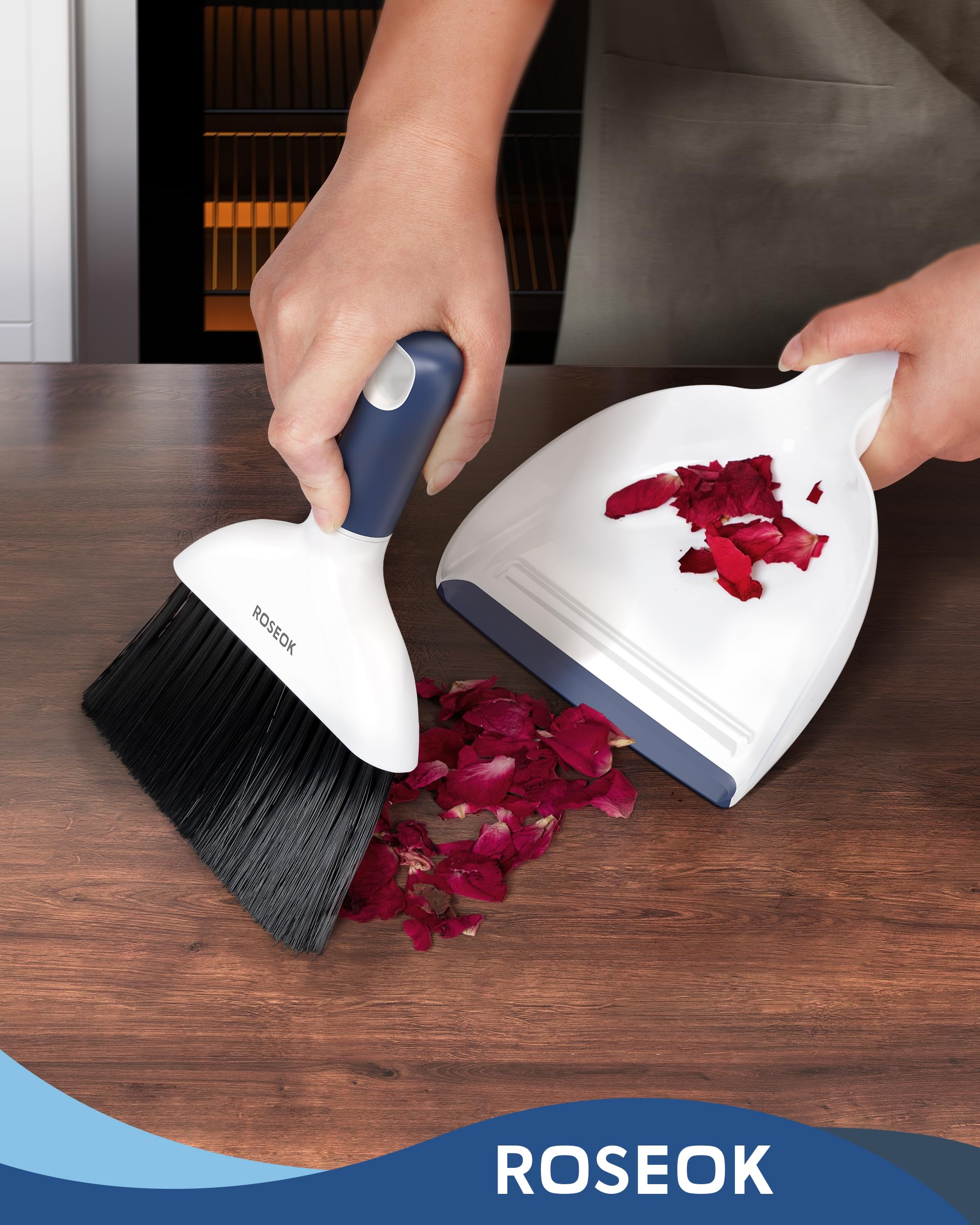 ROSEOK Mini Broom and Dustpan Set for Cleaning, Compact Desktop Dustpan with Brush for Kitchen Counter, Office, Car, Navy Blue, 1 Pack