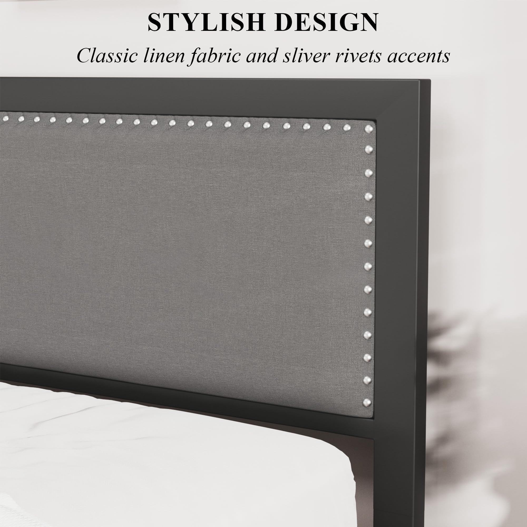 VECELO Twin Size Bed Frame with Upholstered Headboard, Heavy-Duty Platform with Strong Steel Slats, No Box Spring Needed, Easy Assembly, Black&Grey