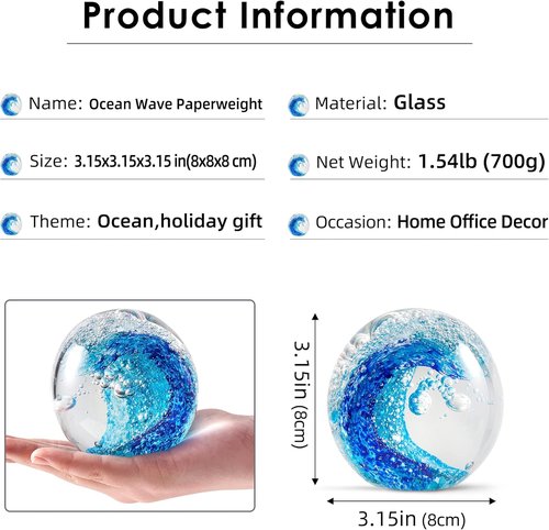 EUSTUMA Hand Blown Glass Figurine - Ocean Waves Paperweight | Unique Home Decor for Ocean Lovers