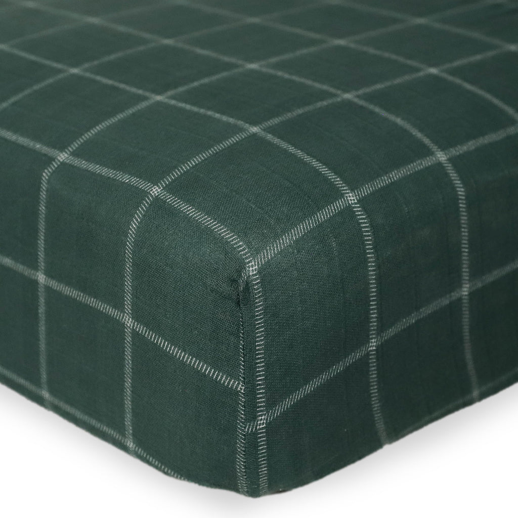 Little Unicorn Fitted Crib Sheet | 100% Cotton Muslin | Super Soft | Sized for Standard Baby Crib & Toddler Mattress | Machine Washable | 52” x 28” x 6” (Evergreen Plaid)
