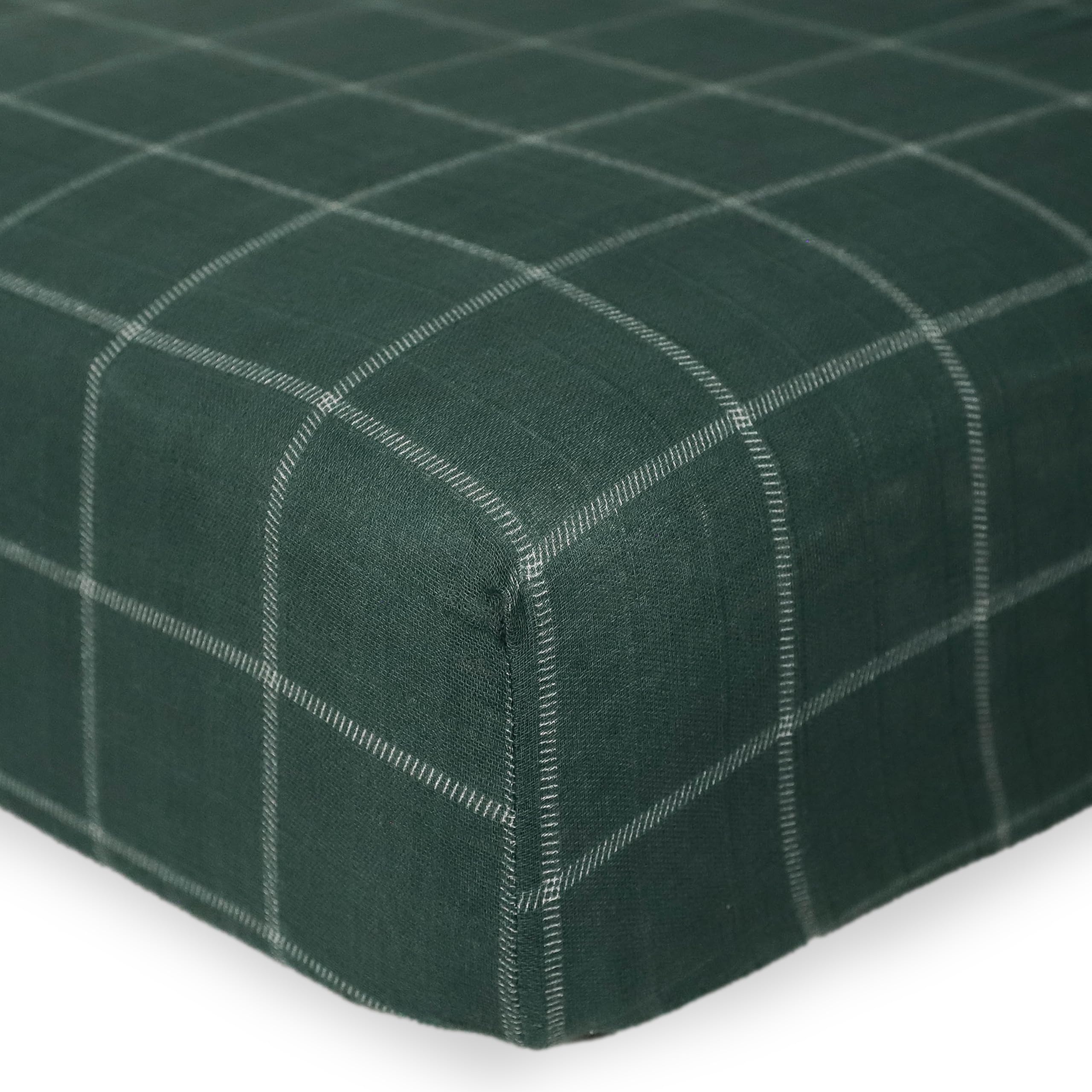 Little Unicorn Fitted Crib Sheet | 100% Cotton Muslin | Super Soft | Sized for Standard Baby Crib & Toddler Mattress | Machine Washable | 52” x 28” x 6” (Evergreen Plaid)