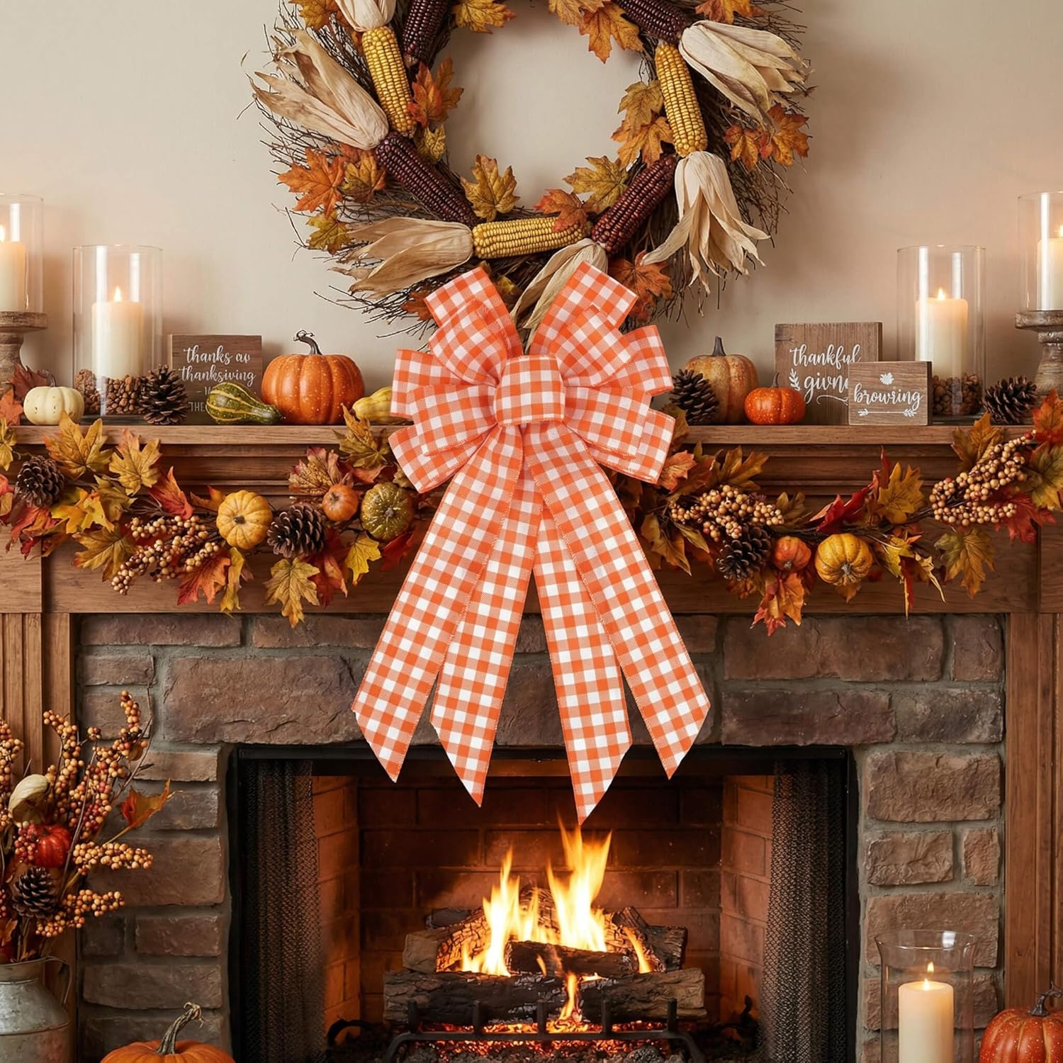 YKW Large Buffalo Plaid Bow - 20.87 Inch Black & White Farmhouse Wreath Decoration | Indoor/Outdoor Holiday Ornament