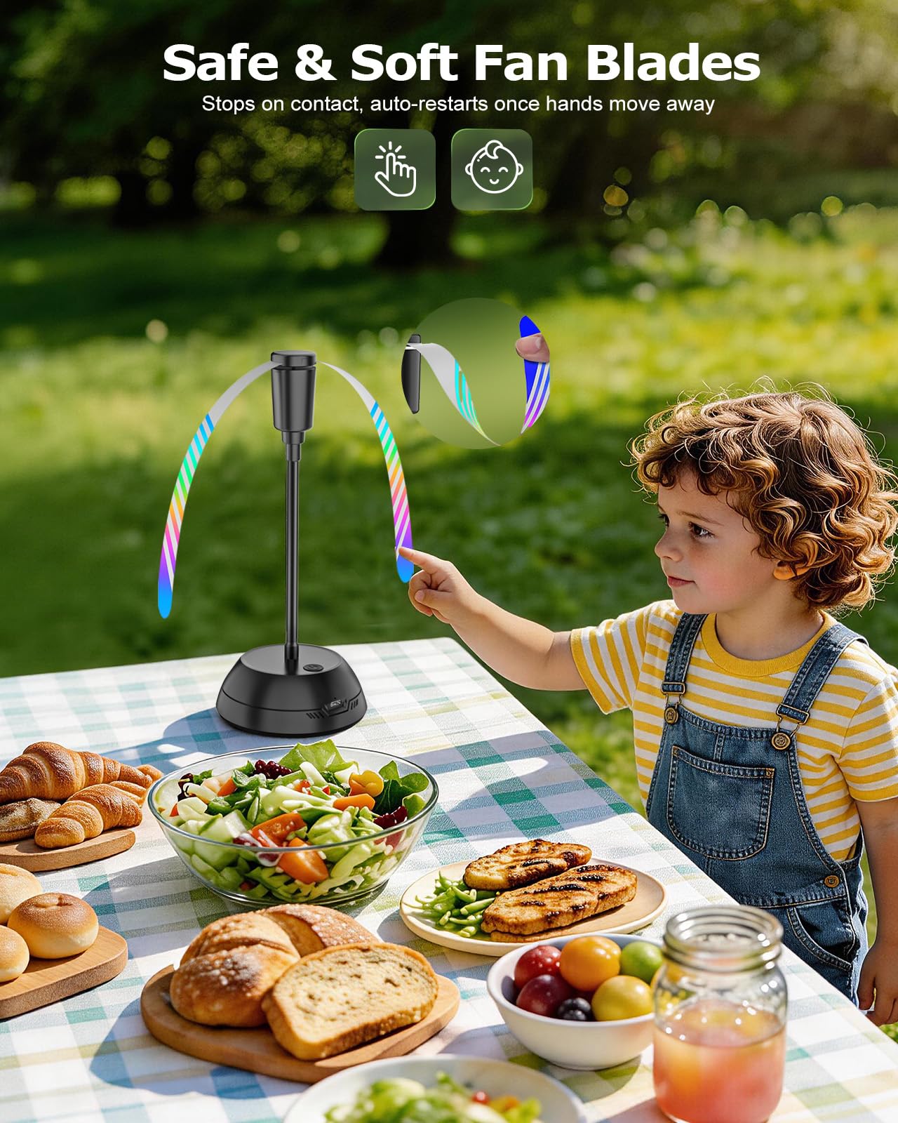 Edvision 4PCS Food Fan for Table, 2000mAh Rechargeable Portable Tabletop Fans with Holographic Blades and 360° Goose-Neck, Table Food Spinner Quiet for Picnic, Home, Party, BBQ(Black)