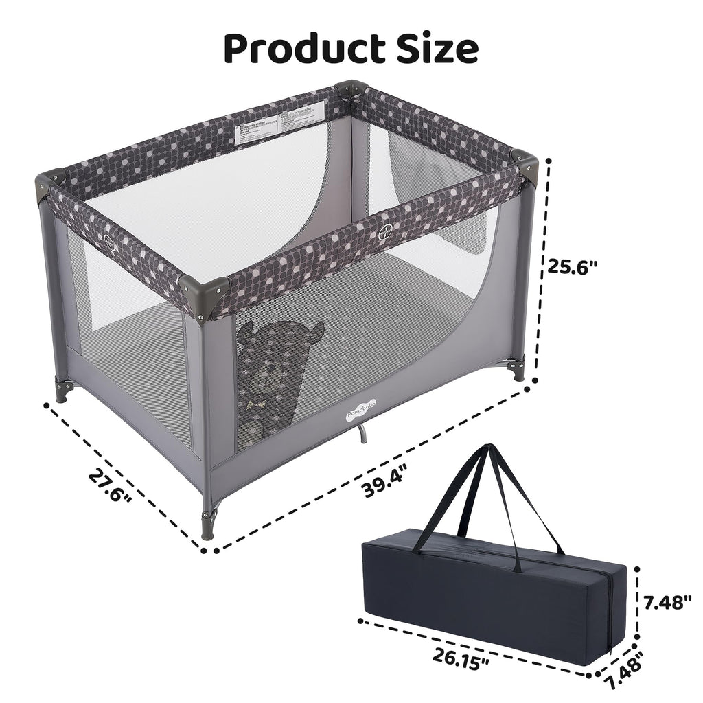 Pamo Babe Compact Pack and Play - Portable Crib for Baby, Lightweight Foldable Travel Playard with Mattress Pad & Carry Bag, Safe Breathable Travel Bed for Home, Trips & Family Visits, Cute Pattern