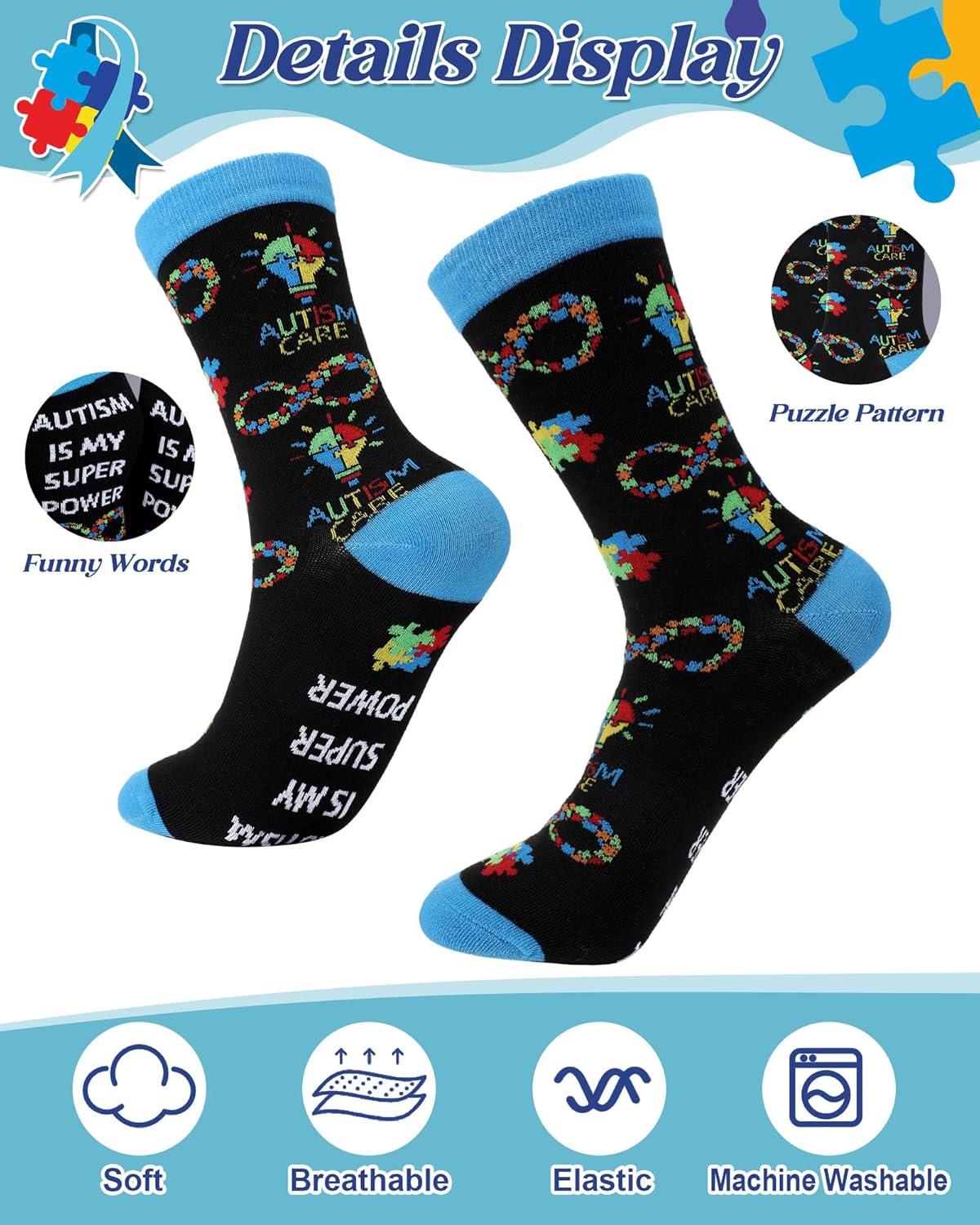 Skiennix Autism Awareness Socks - 12 Pairs Colorful Graphic Design for Adults | Perfect Gift for Autism Month