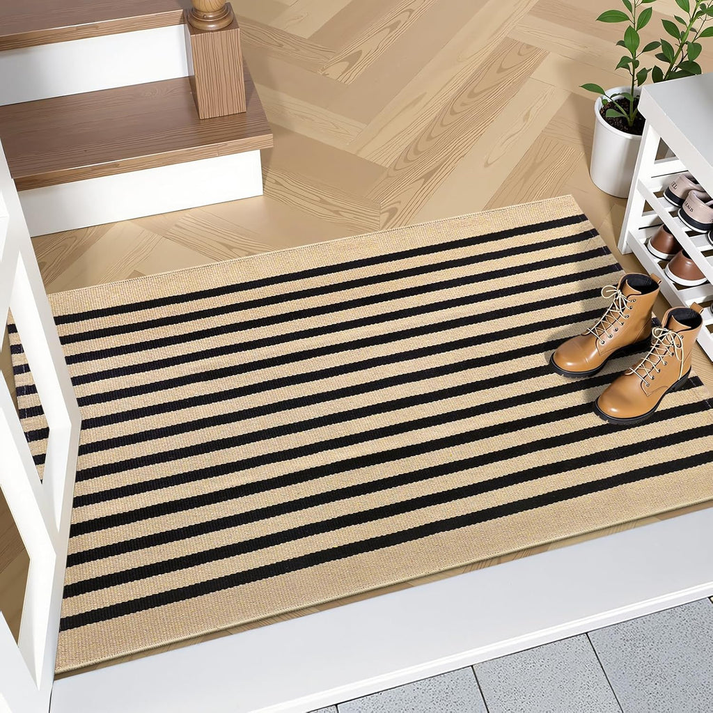 OLANLY Striped Rug - Washable Brown and Black Cotton Doormat | 2' x 3' for Indoor/Outdoor Use