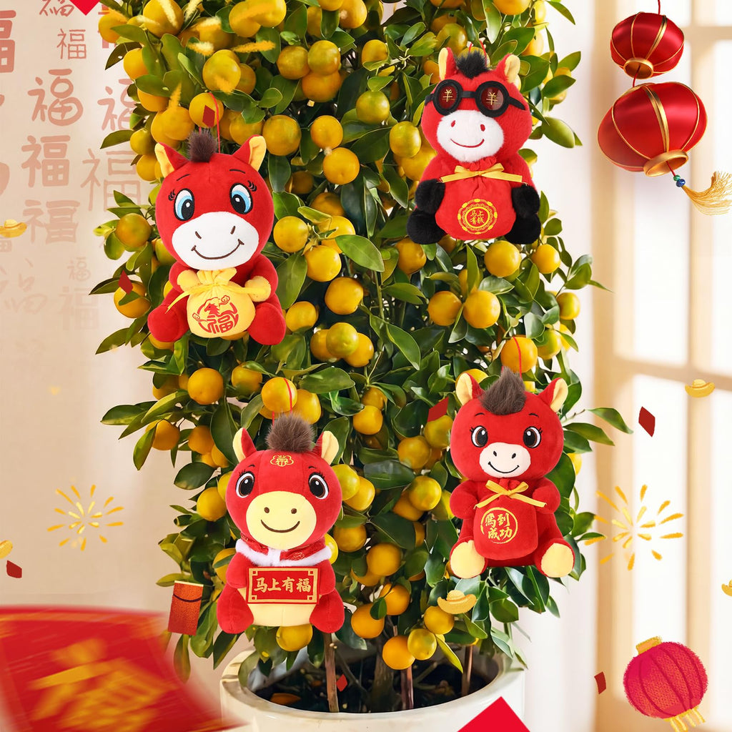Silipull 4 Pcs Chinese New Year Horse Mascot Pillow 7.9-9.8 inches 2026 Year of the Horse Cushion Festive Gift for Home Decoration Spring Festival Holiday(Blessing Style)