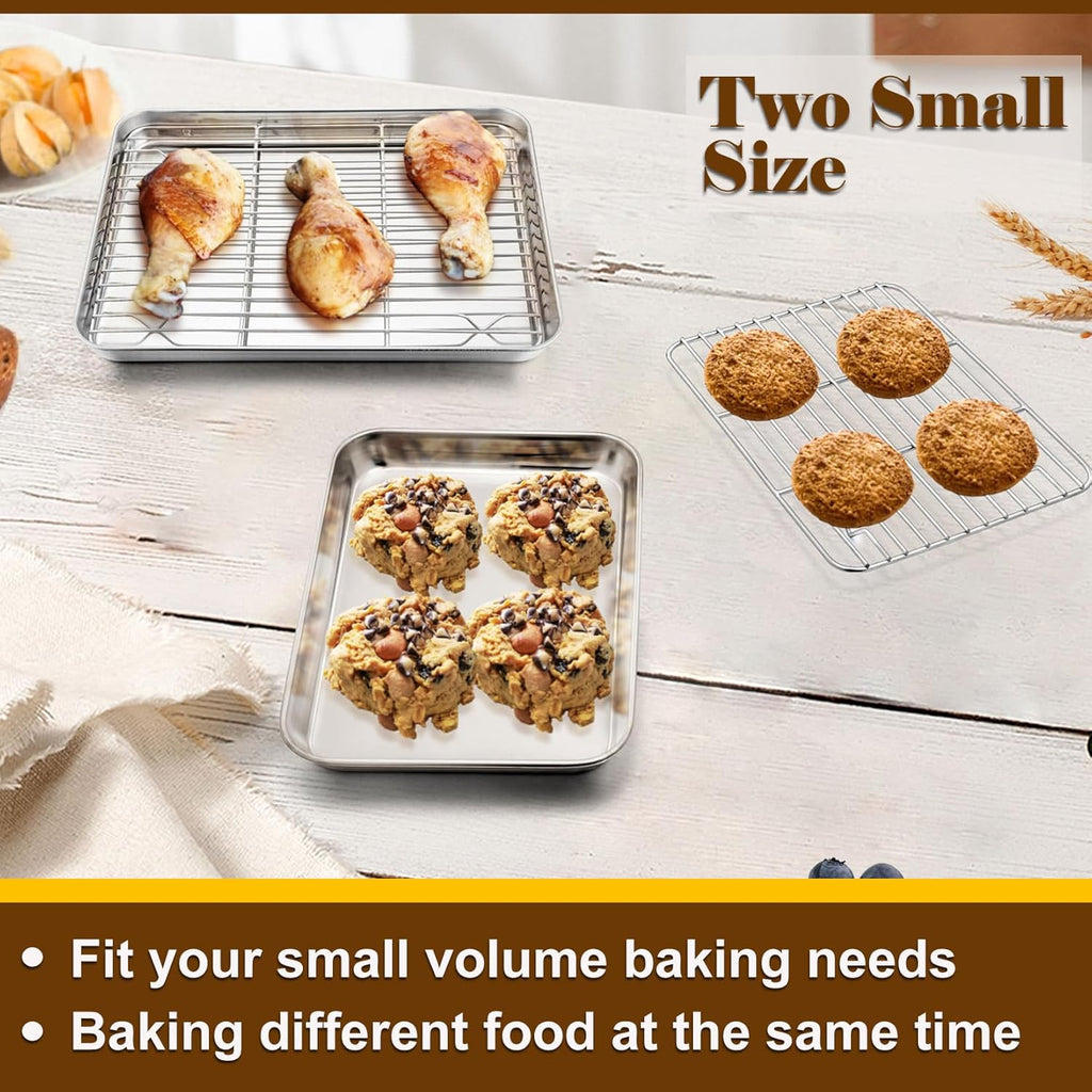 P&P CHEF Toaster Oven Pans Set - 10.4 & 9 Inch Stainless Steel Baking Trays with Racks | Non-Toxic & Dishwasher Safe