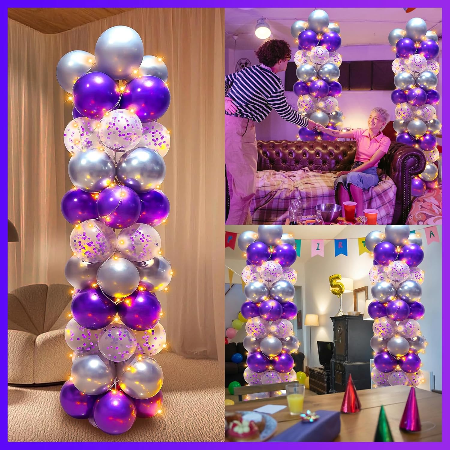 Skiennix Balloon Column Stand Kit - Adjustable 7 Feet Height with Balloons & String Lights | Purple Party Decor