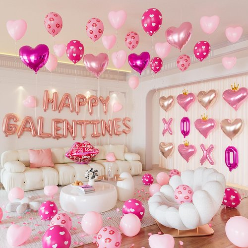 Happy Galentines Day Decorations Kit, Rose Gold Happy Galentines Banner with Heart, XOXO, Lips Foil Balloons, Rose Petals for Galentine’s, Valentines Decorations Party